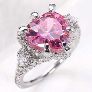 😍Pink Heart CZ Anillos Shiny Diamonds Silver Plated Heart Ring for Women, L117
